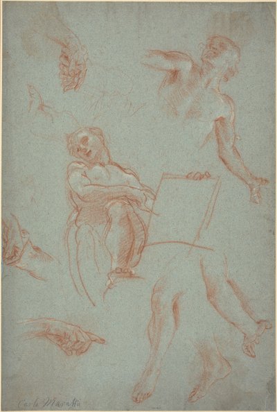 Hoja de estudios con figuras, manos y pies de Agostino Masucci