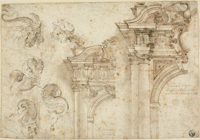 Hoja de Bocetos: Monstruos Marinos y Portales Elaborados (recto); Bocetos de Detalles Arquitectónicos (verso) de Agostino Mitelli
