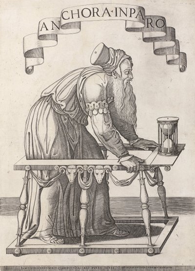 Alegoría de la vejez Anchora inparo (título sobre objeto) de Agostino Veneziano (attributed to)