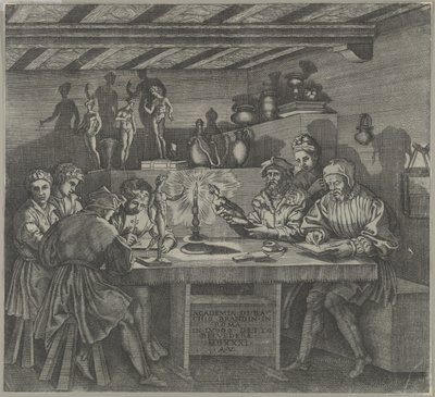 Baccio Bandinelli en su estudio sosteniendo una estatuilla de Venus, estudiantes dibujando de Agostino Veneziano