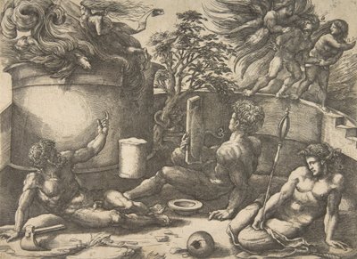 Caín sosteniendo un espejo viendo su sacrificio envuelto en llamas, Adán y Eva sentados, ca. 1530-50 de Agostino Veneziano