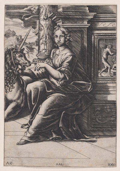Castidad, una mujer sentada, un unicornio a su derecha, c. 1515-30 de Agostino Veneziano