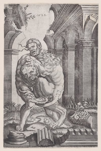 Hércules estrangulando al león de Nemea, 1528 de Agostino Veneziano