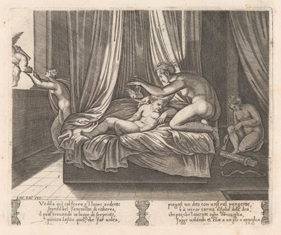 Placa 13: Psique mirando a Cupido, de la historia de Cupido y Psique contada por Apuleyo, 1530-60 de Agostino Veneziano