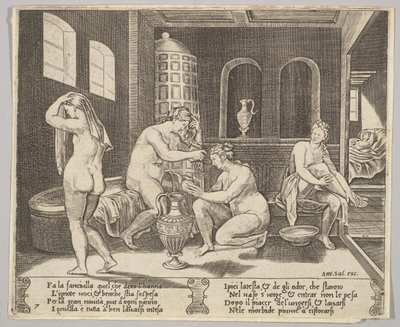 Placa 7: Psique atendida en su baño por ninfas, en el fondo a la derecha Psique repr..., ca. 1520-36 de Agostino Veneziano