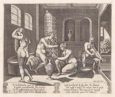 Placa 7: Psique atendida en su baño, de la Historia de Cupido y Psique contada por Apuleyo, 1530-60 de Agostino Veneziano