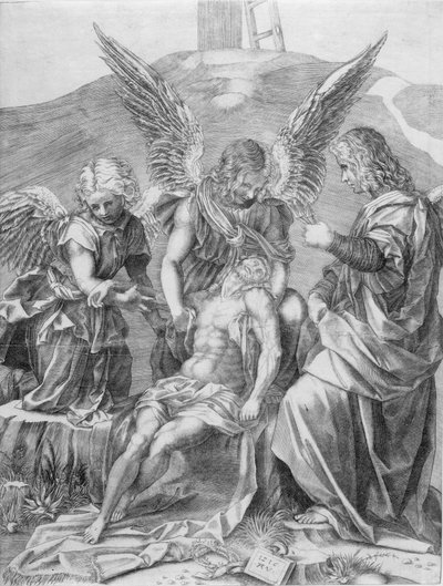 El cuerpo de Cristo sostenido por tres ángeles, 1516 de Agostino Veneziano