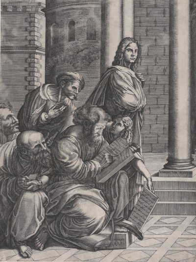 El grupo de la Escuela de Atenas de Rafael, fechado en 1523 de Agostino Veneziano