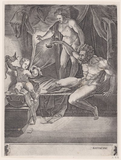 El Joven Hércules en su Cuna, fechado 1533 de Agostino Veneziano