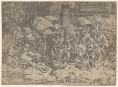 Batalla entre romanos y cartagineses, c. 218-201 a.C.
Batalla con un rompecorazones de Agostino Veneziano