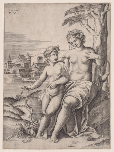 Venus y Eros, fechado 1516 de Agostino Veneziano