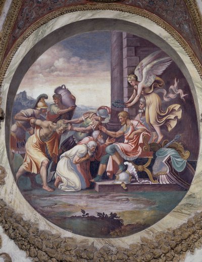 Signo de Acuario (constelación del Águila): escena del Triunfo, de las grandes virtudes de la guerra. Fresco de Agostino da Mozzanega (activo entre 1527 y 1539) 1528. Sala de los Vientos (o del Zodíaco) Palacio del Te, Mantua (Mantua) de Agostino da Mozzanega