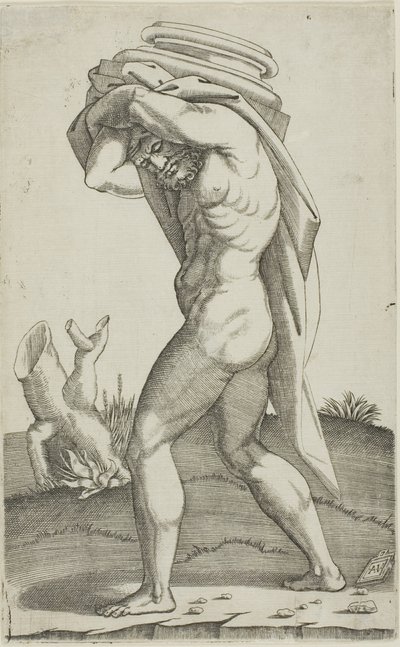 Hombre llevando la base de una columna de Agostino dei Musi