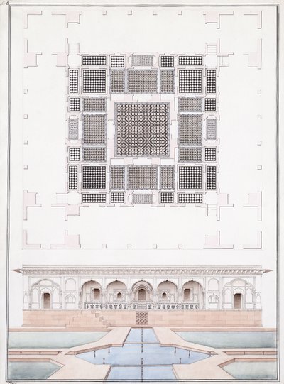 Elevación del frente sur y Palacio Jardín del Suraj Bhawan en Dig, c.1830 de Agra School