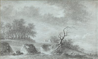 Paisaje fluvial con una cascada de Aignan Thomas Desfriches