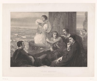Hélène con la lira de Adelsfreit y otras figuras en una torre Helene Adelsfreit (título sobre objeto) de Aimé de Lemud