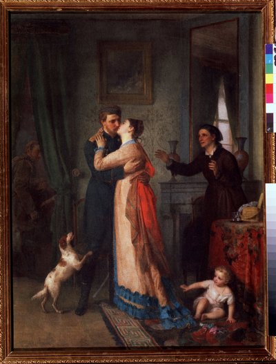 Regreso de la guerra (Return after the War). Un soldado abraza tiernamente a su esposa, a su alrededor su madre y el perro de la casa se precipitan emocionalmente hacia él. En el suelo un niño pequeño tiene un gesto de retroceso. En el fondo, un hombre con de Akim Egorovich Karneev