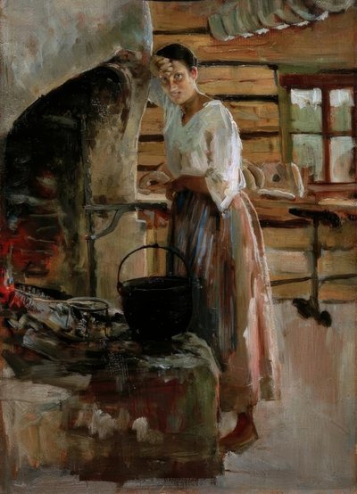 Mujer cocinando maranes de Akseli Valdemar Gallen Kallela
