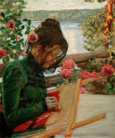 Marie, bordando en Kalela de Akseli Valdemar Gallen Kallela