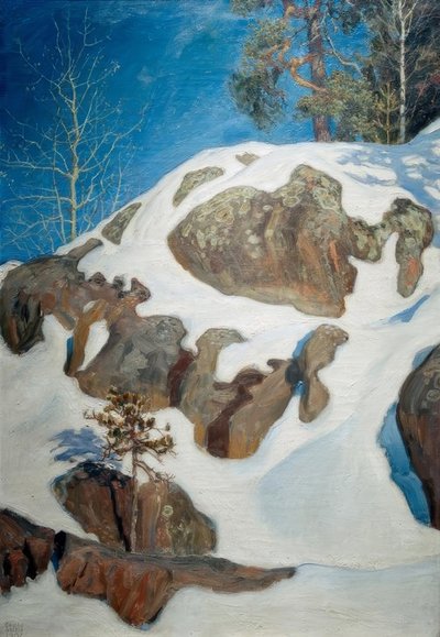 Rocas cubiertas de nieve cerca de Kalela de Akseli Valdemar Gallen Kallela