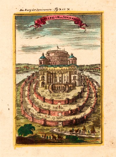 La fortaleza y los jardines colgantes de la legendaria Reina Semiramis en Babilonia - Fortaleza de Semiramis - Grabado en cobre y acuarela de Alain Manesson Mallet (1630-1706) de Alain Manesson Mallet