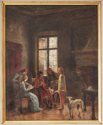 Nicolò Biondo mostrando su colección de sombreros a Alberto Pio (óleo sobre zinc) de Albano Lugli
