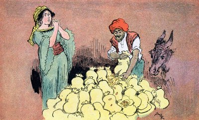 Alí Babá muestra las bolsas de oro a su esposa Ilustración de Albert Robida para Alí Babá y los cuarenta ladrones 1945 Colección particular de Albert (after) Robida