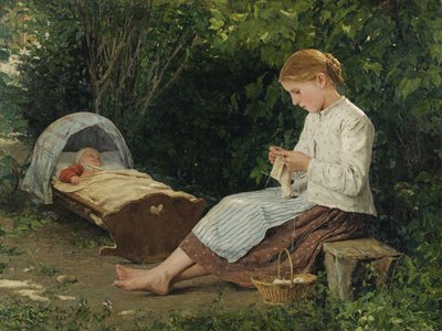Niña tejiendo vigilando a un bebé en su cuna de Albert Anker