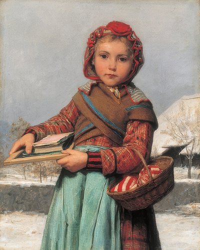 Escolar con pizarra y cesta de costura. 1878 de Albert Anker