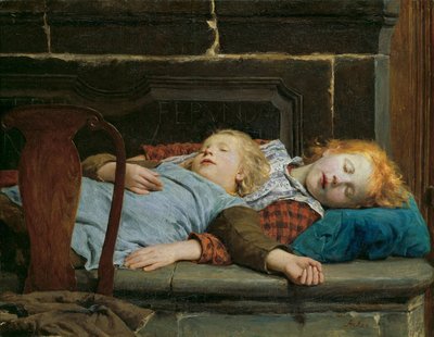 Dos niñas durmiendo en el banco de la estufa por Anker, Albert (1831-1910). Óleo sobre lienzo de Albert Anker