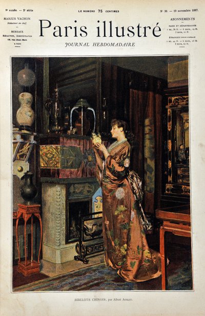 Chucherías chinas. Una mujer europea vestida a la oriental observa su colección de objetos chinos. Ilustración de Albert Aublet (1851-1938). Grabado de 1887 en “Paris-Illustrous journal weekly” de Albert Aublet