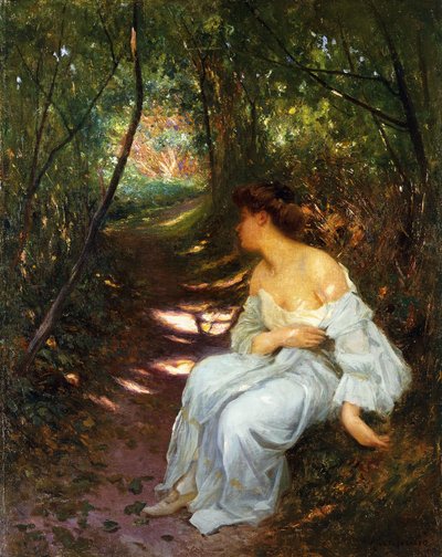 Una joven sentada en un camino boscoso de Albert Auguste Fourie