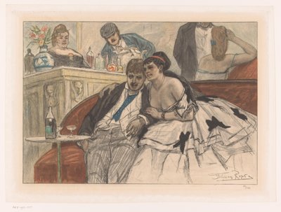 Hombre y mujer sentados en un banco rojo cerca de la barra de un teatro
Le gandin ivre de Albert Bertrand (attributed to)