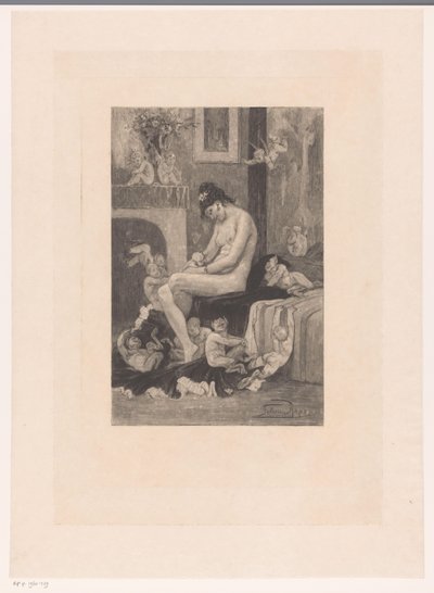 Mujer desnuda en el borde de una cama rodeada de demonios jugando
La mère aux Satyrions de Albert Bertrand (attributed to)