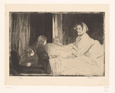 Niños al lado de la cama de su madre de Albert Besnard (signed by artist)
