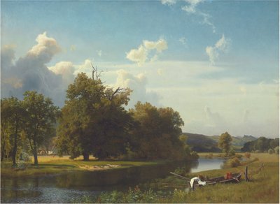 Un paisaje fluvial, Westfalia, 1855 de Albert Bierstadt