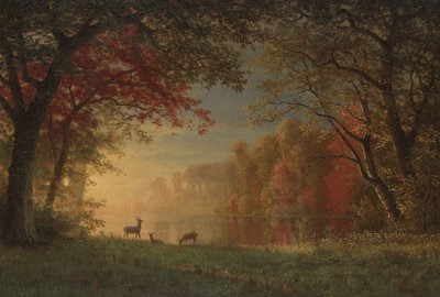 Puesta de sol india: ciervos junto a un lago, c.1880-90 de Albert Bierstadt