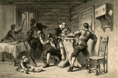 Puritanos atrincherando su casa contra los indios, 1877 de Albert Bobbett