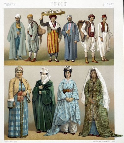 Trajes turcos del siglo XIX. Ilustración en “Le costume historique” de Racinet de Albert Charles August Racinet