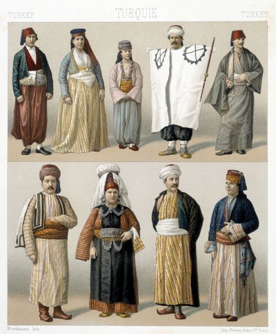 Trajes turcos del siglo XIX. Ilustración en “Le costume historique” de Racinet de Albert Charles August Racinet