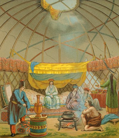 Un Kalmyk, una tienda Kalmuk, Ilustración de La Historia Completa del Traje por Auguste Racinet de Albert Charles August Racinet