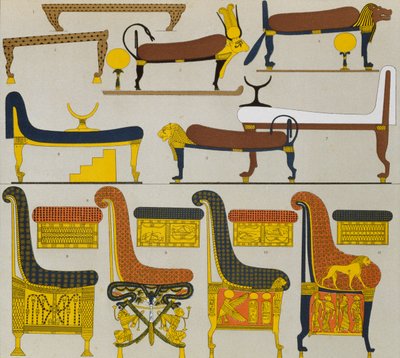 Mobiliario del Antiguo Egipto, litografía de Spiegel, de Le Costume Historique (Historia de los Trajes), Vol II, por Auguste Racinet de Albert Charles August Racinet