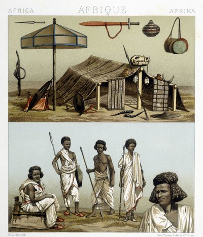 Campamento y vestimenta tradicional de Nubia. Ilustración en “Le costume historique” de Racinet de Albert Charles August Racinet