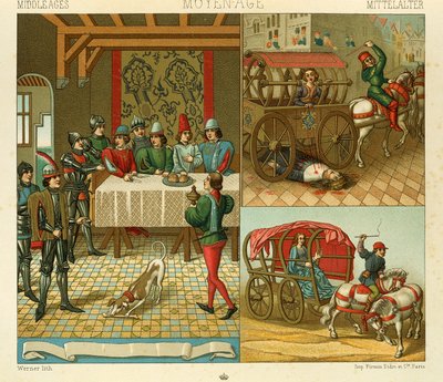 Vida en el castillo y medios de transporte en el siglo XIV, Ilustración de La Historia Completa del Traje de Auguste Racinet de Albert Charles August Racinet