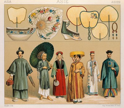 Ropas de mujeres chinas y de la región de Tartaria, ilustración de La Historia Completa del Traje por Auguste Racinet de Albert Charles August Racinet