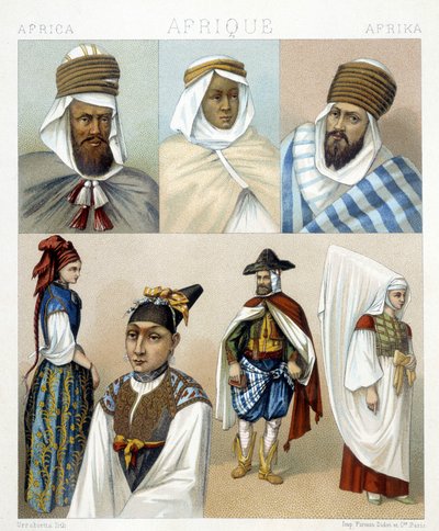 Trajes y peinados de Argelia. Ilustración en “Le costume historique” por Racinet de Albert Charles August Racinet