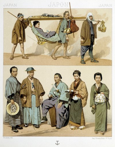Trajes y transporte en Japón de Albert Charles August Racinet