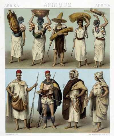 Trajes de Argelia y Túnez. Ilustración en "Le costume historique" por Racinet de Albert Charles August Racinet