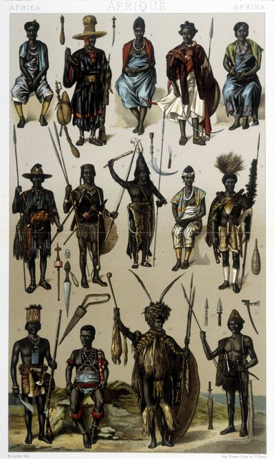 Trajes de Guinea, Senegal y Gabón. Ilustración en “Le costume historique” de Racinet de Albert Charles August Racinet