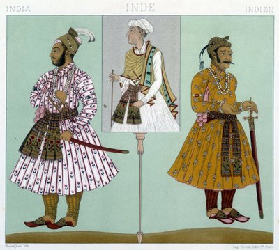 Trajes de dignatarios mogoles. Grabado de Racinet de Albert Charles August Racinet
